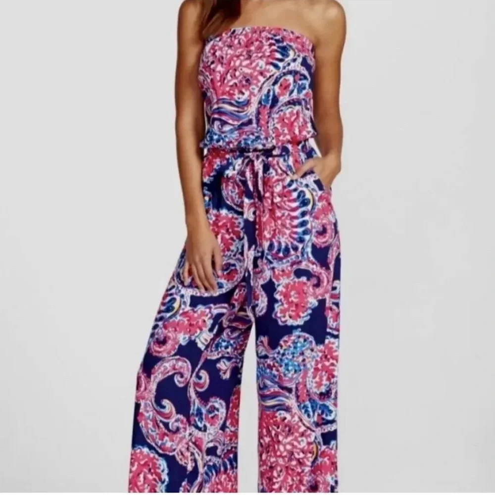 Lilly Pulitzer Jumpsuit XSmall Halibut FARRAH Strapless Wide Leg Pants Strapless